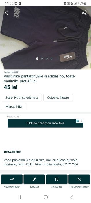 Vând pantaloni scurți nike toată marimile pret 45 lei