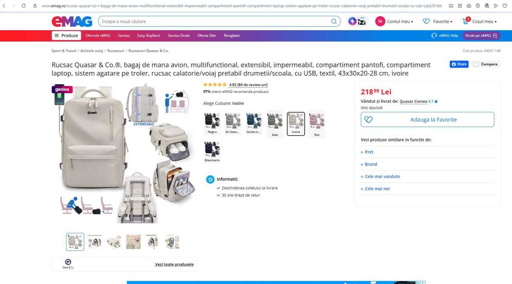 Rucsac Quasar & Co., bagaj de mana avion, multifunctional, extensibil impermeabil, compartiment pantofi si laptop, sistem agatare pe troler, USB