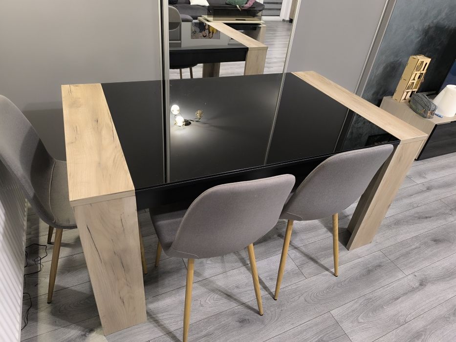 Set mobilier living – masă dining + măsuță cafea + 2 polițe perete, sticlă neagră