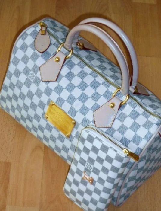 Set LV Speedy, geanta și portofel, logo metalic auriu, saculet,etichet