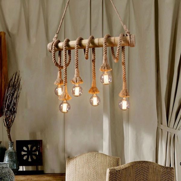 Луксозна бамбукова висяща лампа конопени въжета с фасунги винтидж,Е27,