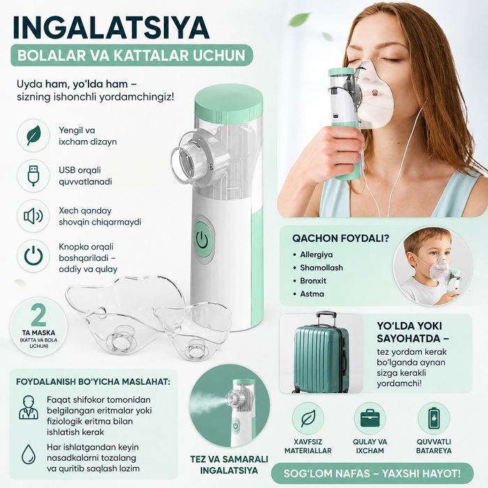 Mini Ingalyator Allergiya, shamollash, bronxit yoki astma bo‘lgan un