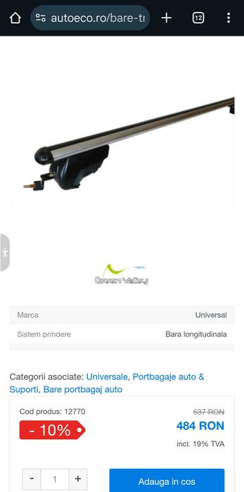 Portbagaj auto universal transversal, prindere plafon cu surub 120cm