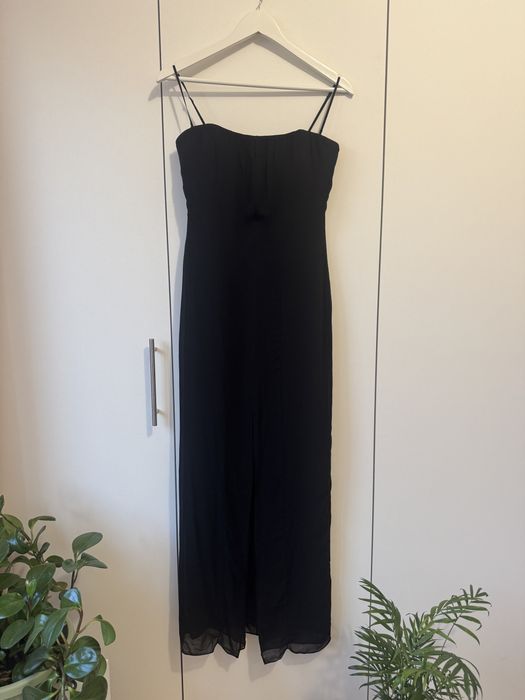 Rochie de gală lungă neagră din voal șliț în față Massimo Dutti Studio