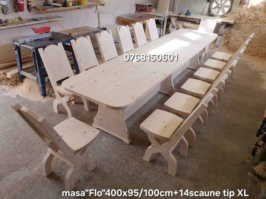 Masa cu  14 sau 16  scaune . Mobilier rustic . Mese si scaune. Masa 4m