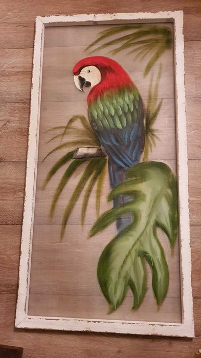 Голяма картина папагал, масло, дървена състарена рамка– 120см/ 60см