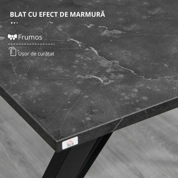 Set Masă si Scaune  Înalte, Stil Industrial, cu Efect de Marmură, din Lemn și Oțel, 120x60x102 cm, Negru si scaune inalte si pliabile rezistente