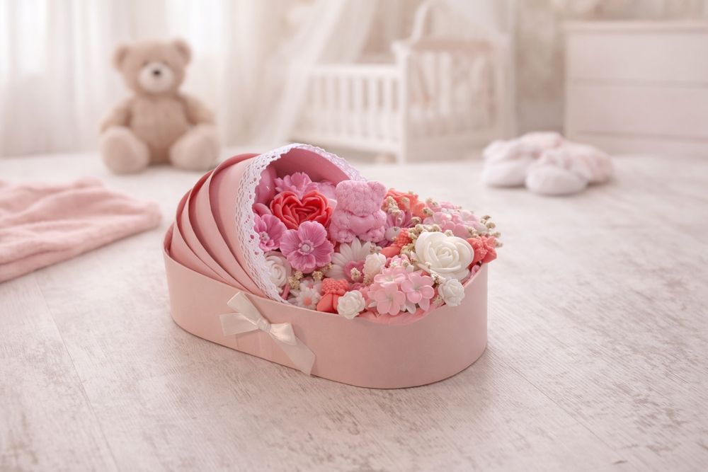 Бебешко кошче с мече и цветя