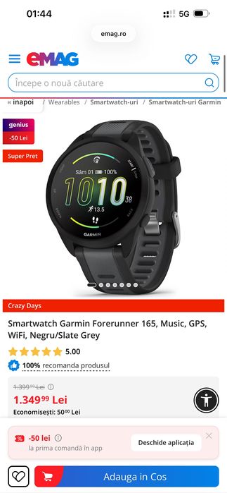 Smartwatch Garmin Forerunner 165, Music, GPS, WiFi, Negru/Slate Grey