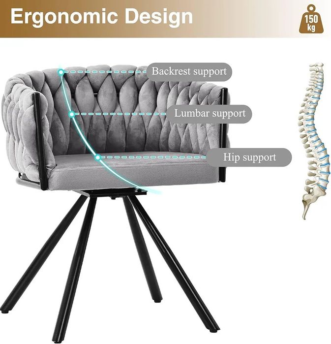 NOU Scaun modern impletit, rotativ, catifea, gri
