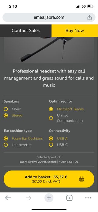 слушалки Jabra Evolve 20 SE