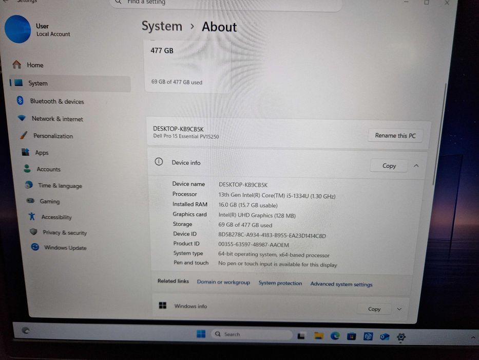 Laptop Business Dell Pro 15 Essential PV15250, i5-1334u, 16GB RAM DDR5, 512GB SSD NOU