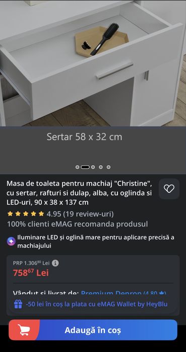 Masa de toaleta pentru machiaj "Christine", cu sertar, rafturi si dulap, alba, cu oglinda si LED-uri, 90 x 38 x 137 cm