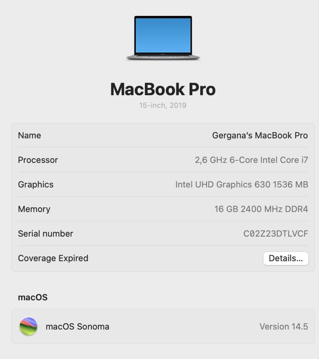 MacBook Pro 15" 2019 2.6GHz 6-Core i7/ 16GB RAM/ 256GB SSD