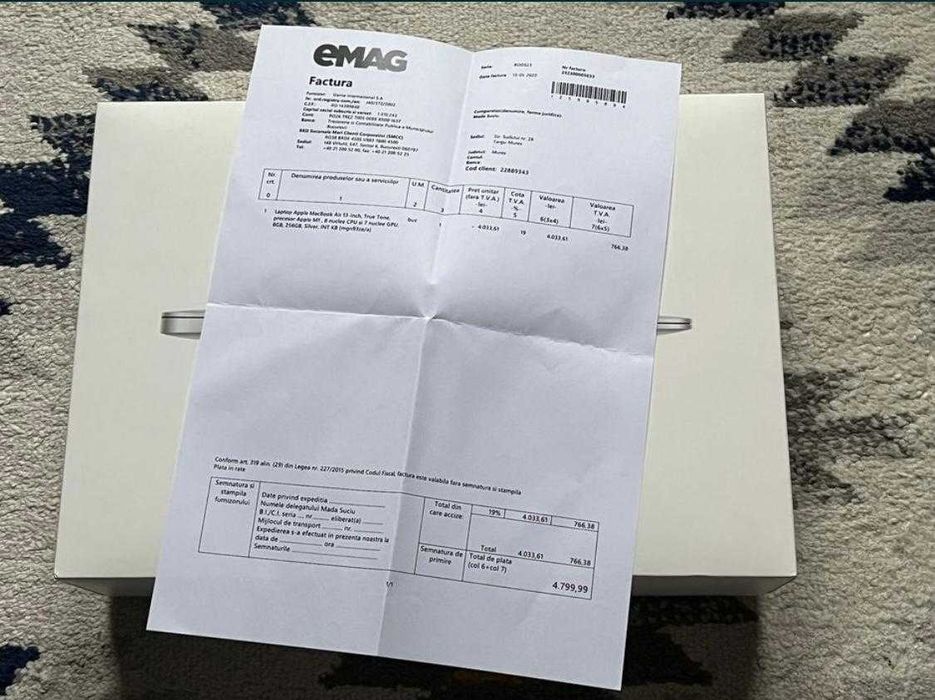 Macbook Air 13; Ml; 256 GB; 45 cicluri; Ca Nou