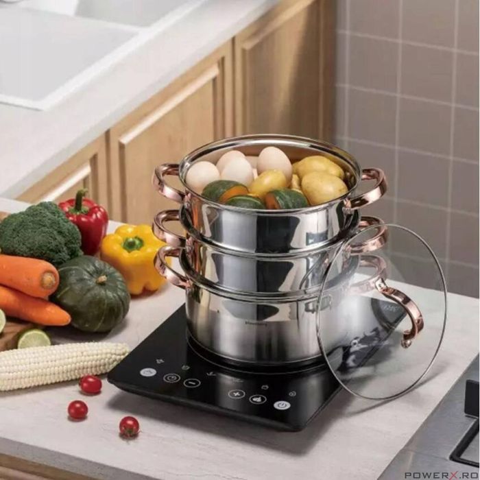 Set de 4 piese, oala pentru fiert cu abur, inox, diametru 22 cm,