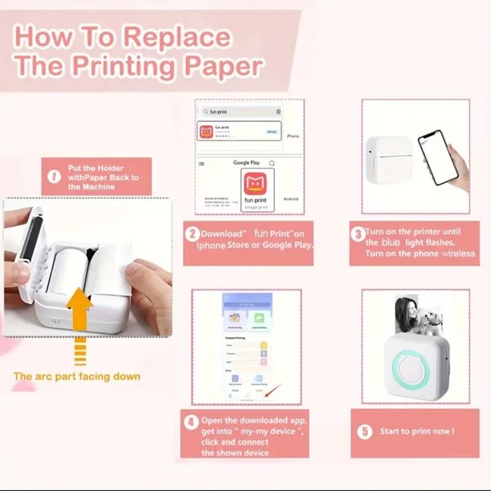 Мини джобен преносим термичен принтер за снимки/етикети + 6 ролки