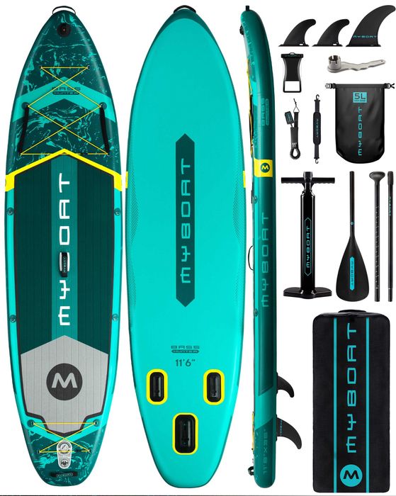 Нов, висок клас, широк 350 СМ надуваем падъл борд all-round SUP MYBOAT MY15 (Bass Hunter Green STD) в тюркоазено-зелен дизайн.