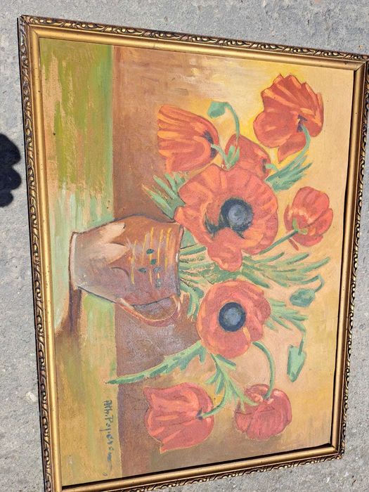 tablou romanesc pictura pe carton gros 59/39 cm semnat Ath Popescu
