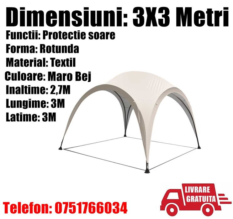 Pavilion CORT Umbrela Iglu Modern Cadru Metal Gradina Terasa Curte Rotund 3X3M Alb+ Livrare GRATUITA !