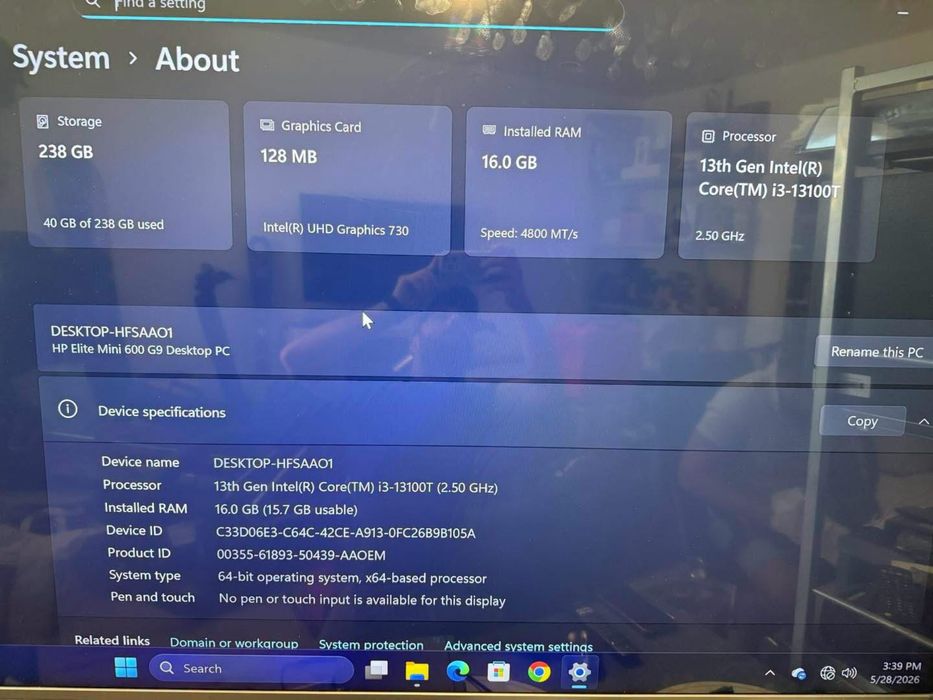 Pc dekstop Hp Elite Mini 600 G9 i3 16Gb Ram 256Gb SSD