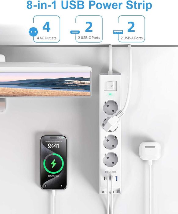 Чисто нов смарт разклонител 8 в 1 с USB-C портове и защита ...