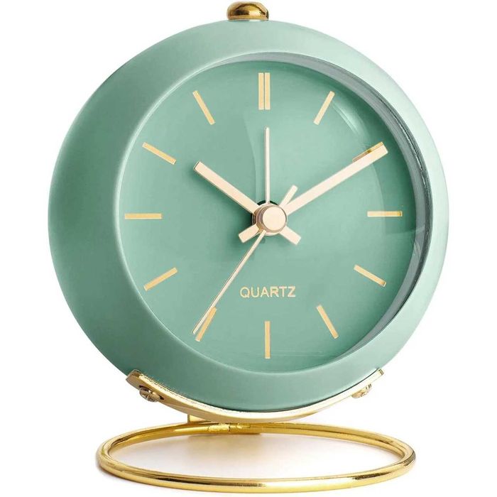 Ceas desteptator Luxury analogic, design clasic din metal, Verde/Auriu