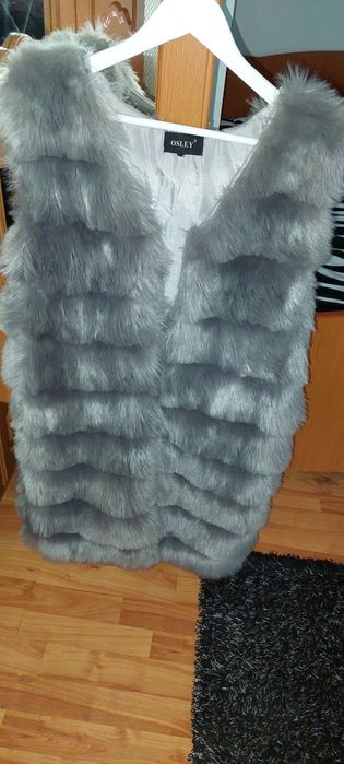 Vesta de blana lunga și palton cu blana artificiala Negru