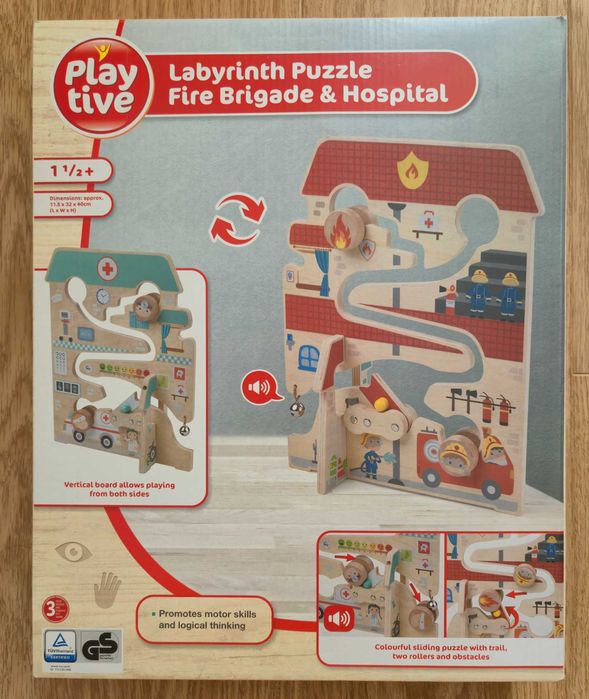 Дървен играчка лабиринт - Противопожарна кола и болница