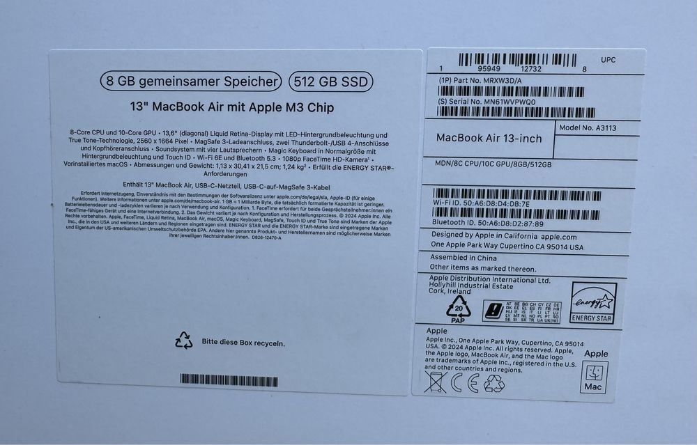 НОВ!!! Лаптоп Apple MacBook Air M3 (2024), 13.6”, 8GB RAM, 512GB, Midn