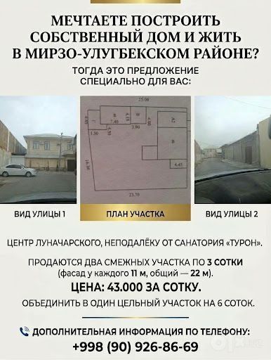 Мирзо- Улугбек ул Тимур Малик ор-р Турон  6 сот .