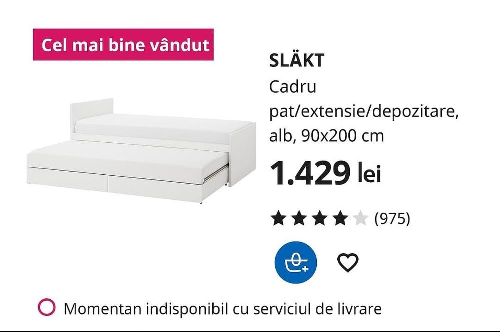 Pat IKEA dublu pentru copii  cu 2 saltele memorie incluse