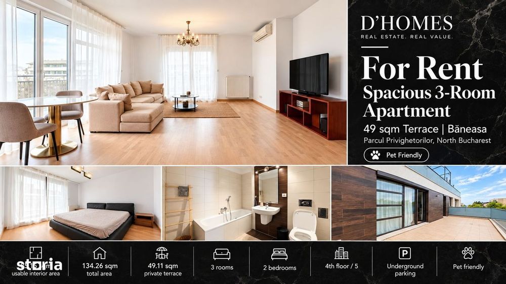 For Rent | Spacious 3-Room Apartment | 49 sqm Terrace | Băneasa