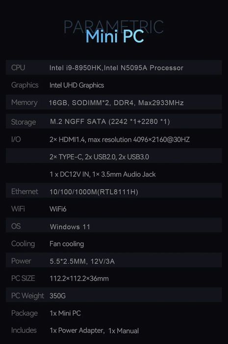 Mini PC Intel N5095 16mb DDR4 - 256Gb SATA 3 M.2 SSD WIN 11 PRO