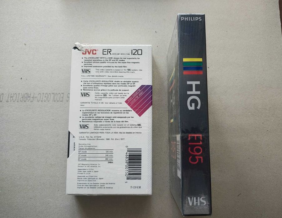 2 Casete VHS sigilate JVC ER120 + Philips HG E195 Vintage NOS