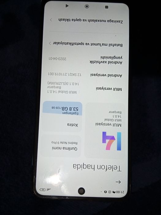 Redmi note 9 pro 6+2 ga 128 talik