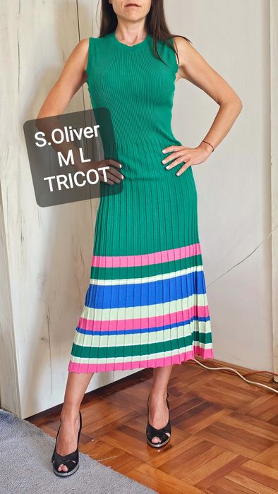 S.Oliver S M L rochie lungă verde plisată, tricot elastic, elegantă, bodycon, vară