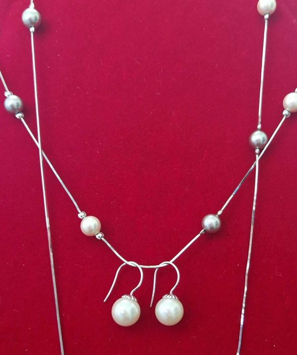 AG193,set argint 925,nou/marcat, colier 70 cm si cercei perla 13,7 gr