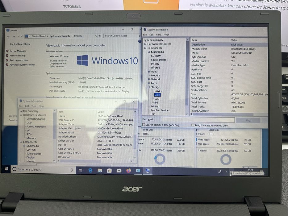 Laptop gaming acer e5-571 cpu i5 gpu geforce 920 2gb ram 12gb ssd 512