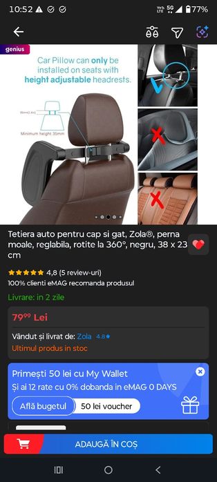 Tetiera auto pentru cap si gat, Zola®, perna moale, reglabila, rotite la 360°, negru, 38 x 23 cm