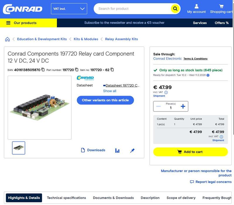 Placa 8 relee 24V/7A, Conrad Components