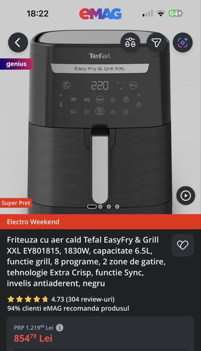 Friteuza cu aer cald Airfryer Tefal XXL  EY801815