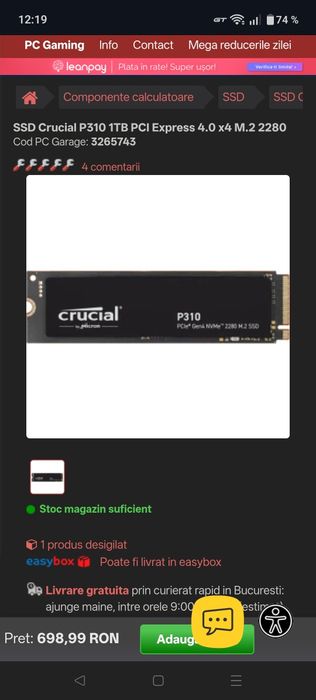 SSD M2 Crucial P310 1tb, 96% life, gen4 7300 / 6200mhz, optional radiator racire !