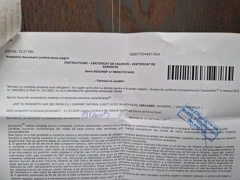 Lănțic aur cu pandantiv cu diamant