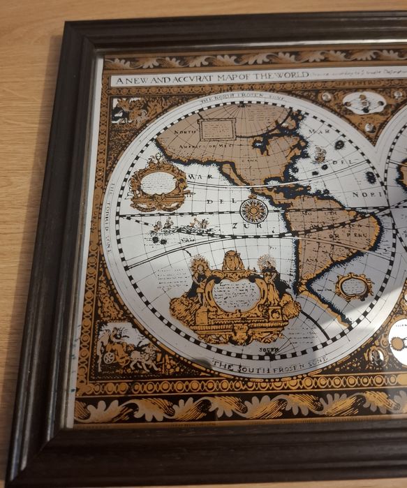 Tablou decorativ pe sticlă/oglindă – Hartă veche a lumii, ramă din lem