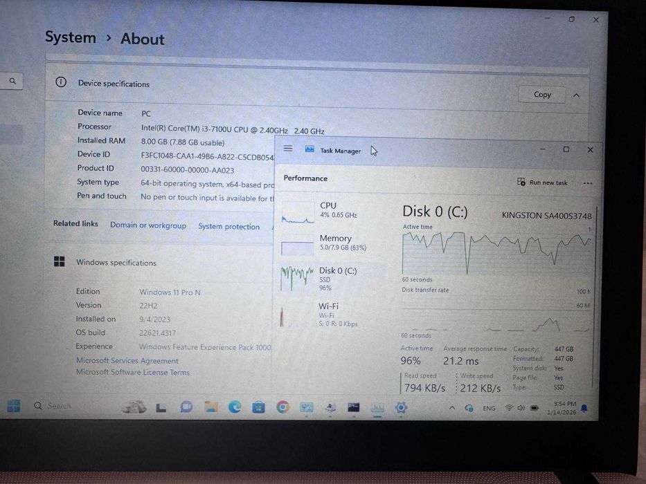 Laptop ASUS X541U i3-7100U 8GB RAM SSD 480GB Win11 licenta, baterie 3h