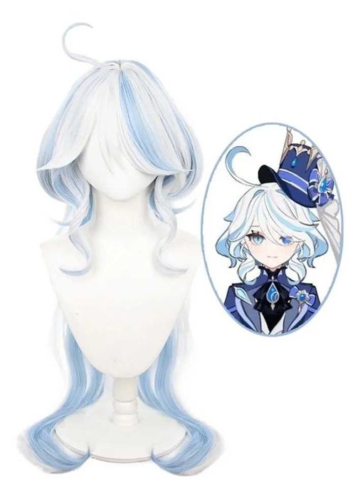 Аниме бяла перука със сини кичури Furina Fantasia Fontaine Impact