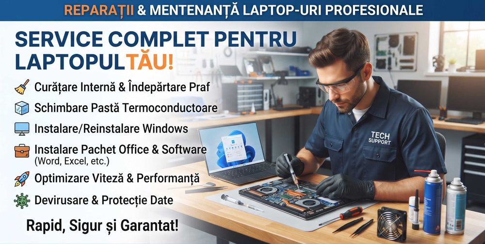 Service & Mentenanță Laptop-uri (Curățare, Schimbare Pastă, Windows, Office) - 100 lei
