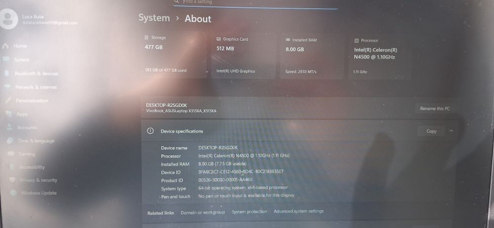 Laptop Asus, SSD 500 Gb , 8 Gb Ram, Intel