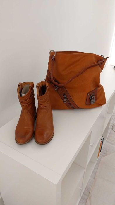 Pachet Geanta + Ghete dama piele, maro, marimea 37